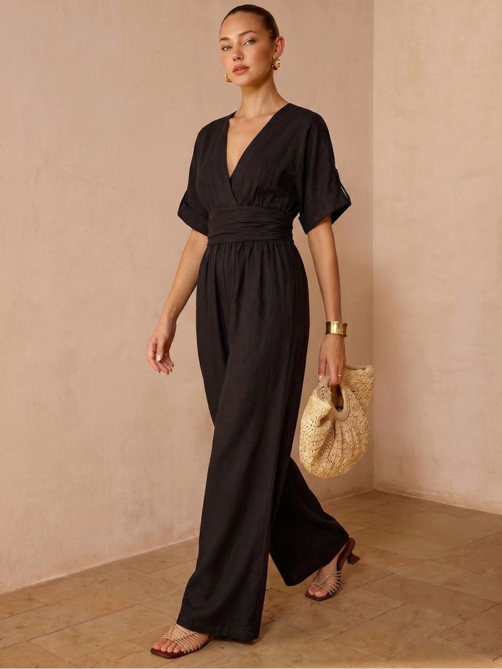 Black V-Neck Wide-Leg Jumpsuit